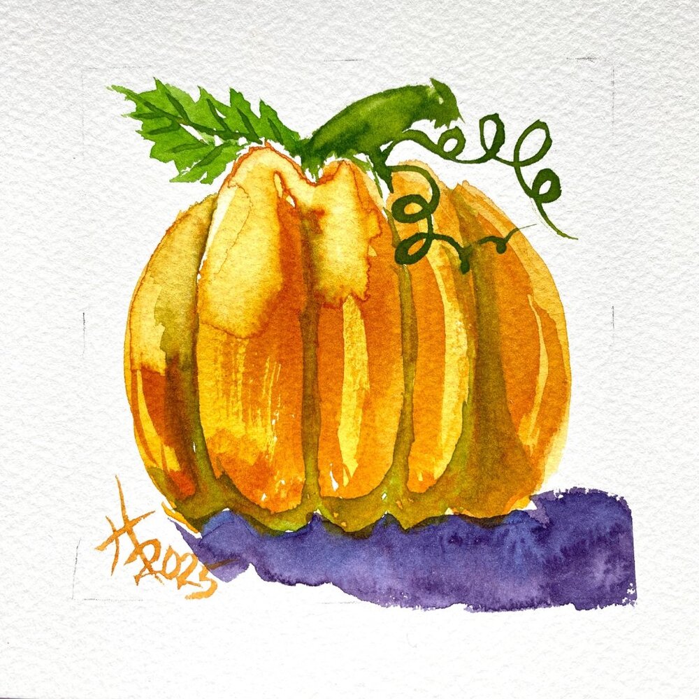 Fall Pumpkin 2 Original Watercolor Painting 8x8in White Mat Frame Ready Art